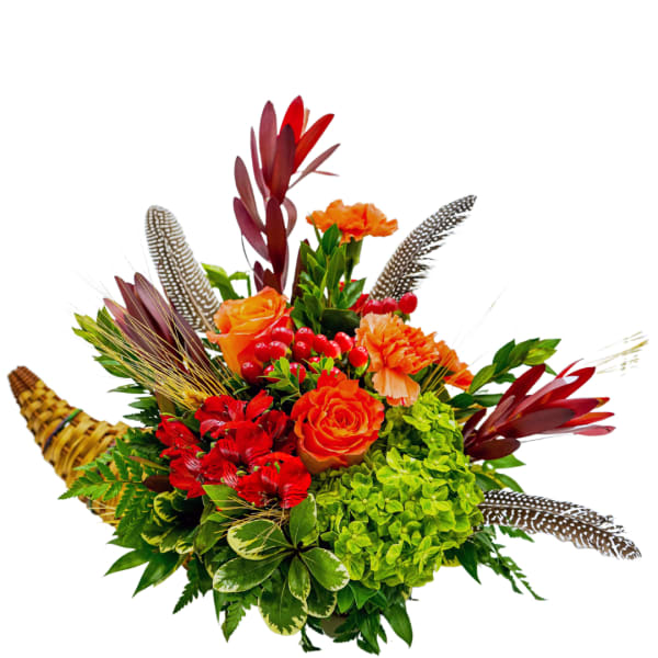 Tropical bouquet with orange and red flowers and patterned feathers
