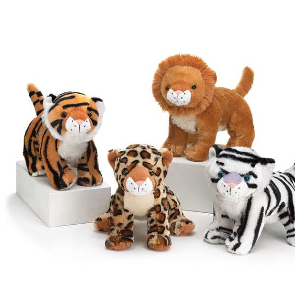 Set of four small plush jungle animals including tigers, a lion, and a leopard on white blocks.