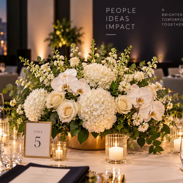 White floral centerpiece with orchids, roses, and hydrangeas in a gold vase