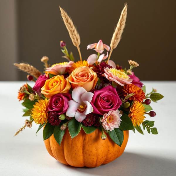 Low autumn flower arrangement in a pumpkin container with orange and pink blooms.