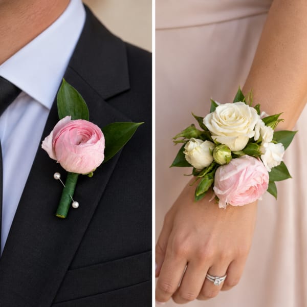 Pink boutonniere on a suit and a matching wrist corsage with white and pink flowers