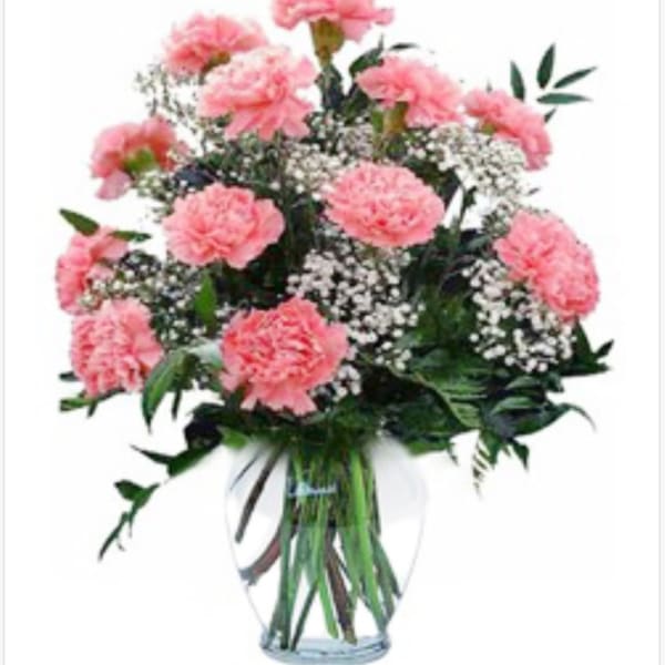 Pink carnations and baby's breath in a clear glass vase