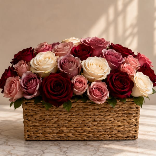 Mixed roses in a woven basket arrangement
