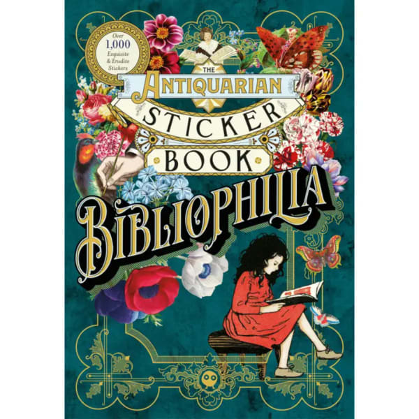 Decorative book cover with flowers, butterflies, and a girl reading