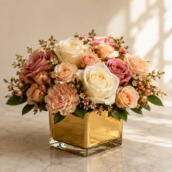 Mixed roses and carnations in a gold square vase