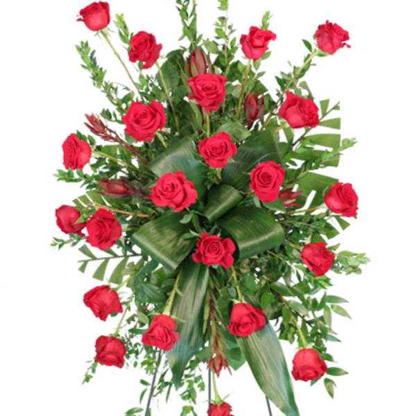 Standing spray of red roses with greenery on a white background