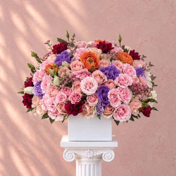 Large pastel floral arrangement in a white box on a pedestal