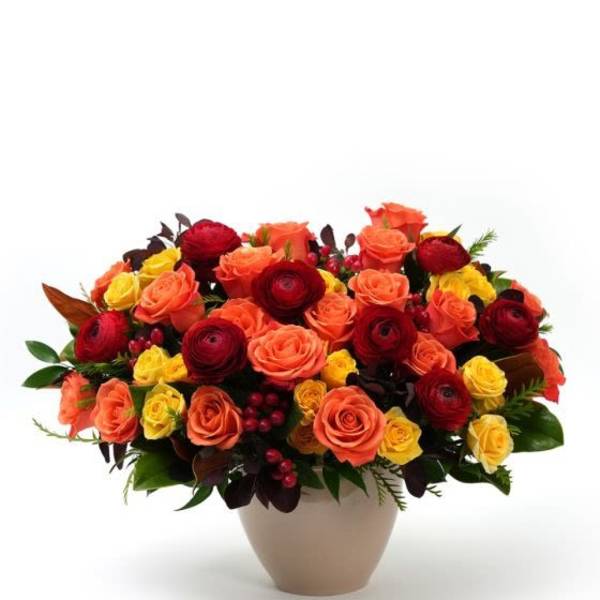 Low vase arrangement of orange, red, and yellow roses with dark red blooms