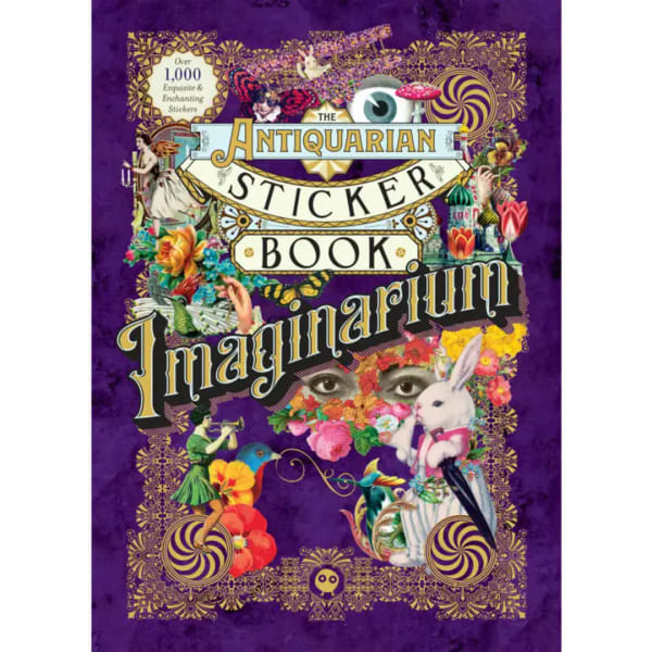 Purple sticker book cover with ornate gold borders and collage art