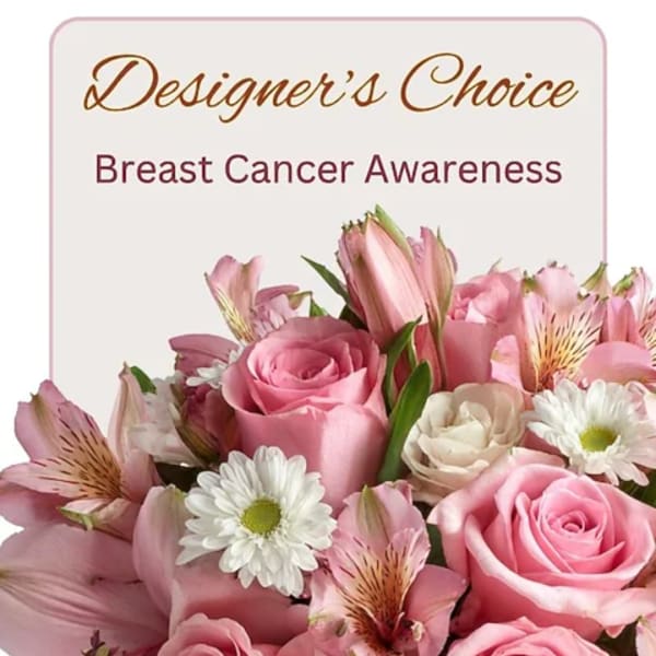 Pink roses and white daisies arranged for breast cancer awareness
