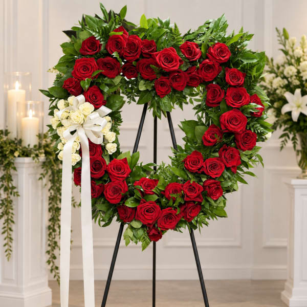 Heart-shaped wreath of red roses with a white ribbon bow on an easel