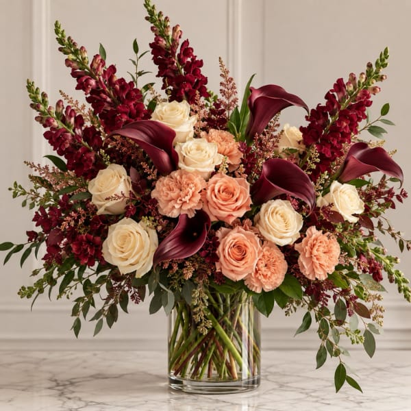 Bouquet of cream roses, peach carnations, and burgundy calla lilies in a glass vase