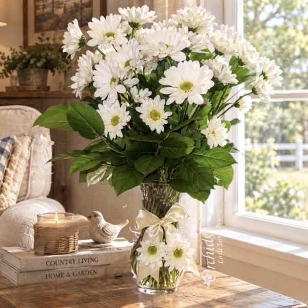White daisy bouquet in a clear glass vase with a ribbon