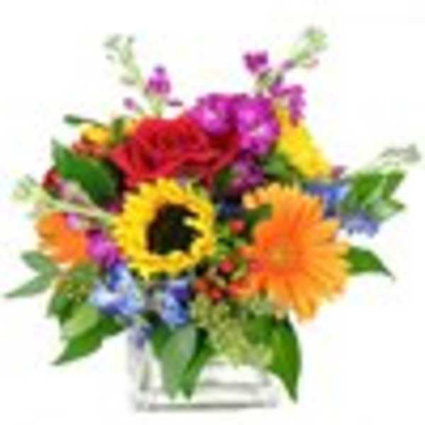Bright mixed bouquet with sunflower, red rose, and orange gerbera in a clear glass cube vase