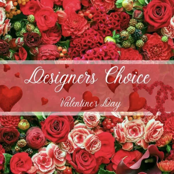 Red floral collage with "Designers Choice" and "Valentine's Day" text