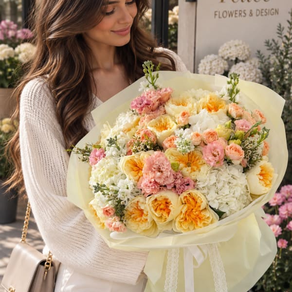 Woman holding a large pastel bouquet of roses and carnations wrapped in pale paper