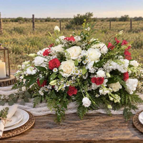 Large white and red floral centerpiece on a rustic table outdoors