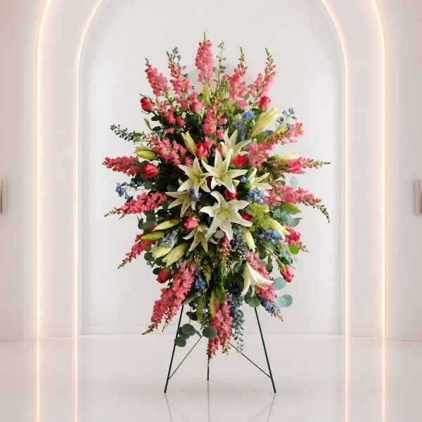 Tall standing floral arrangement with pink, white, and blue flowers on a metal easel