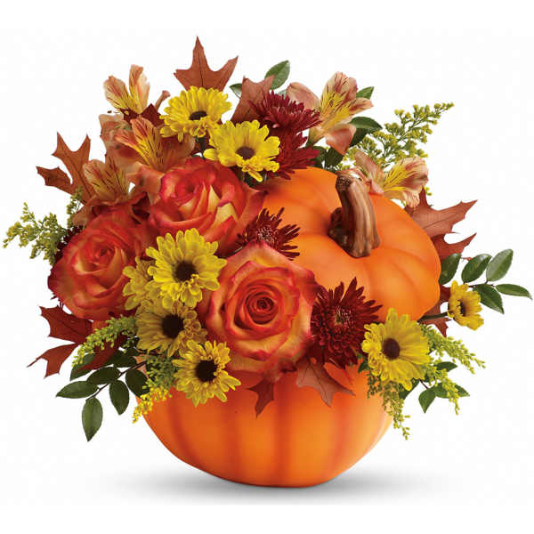 Pumpkin-shaped arrangement with orange roses and yellow daisies