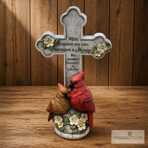 Decorative memorial cross with two birds and floral accents