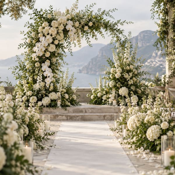 White floral wedding arch and aisle arrangements overlooking the sea