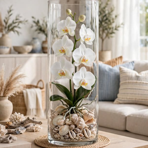 White orchid stems in a tall glass vase with seashells at the base