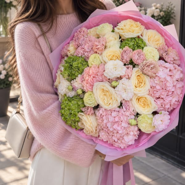 Woman holding a large pink and cream bouquet with green hydrangeas