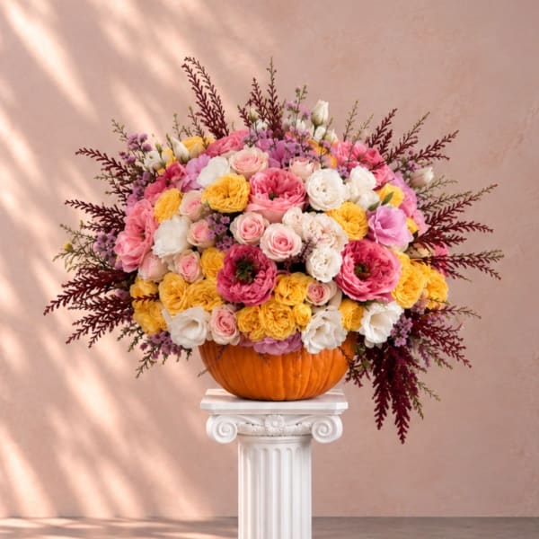 Mixed pink, white, and yellow flowers arranged in a pumpkin vase
