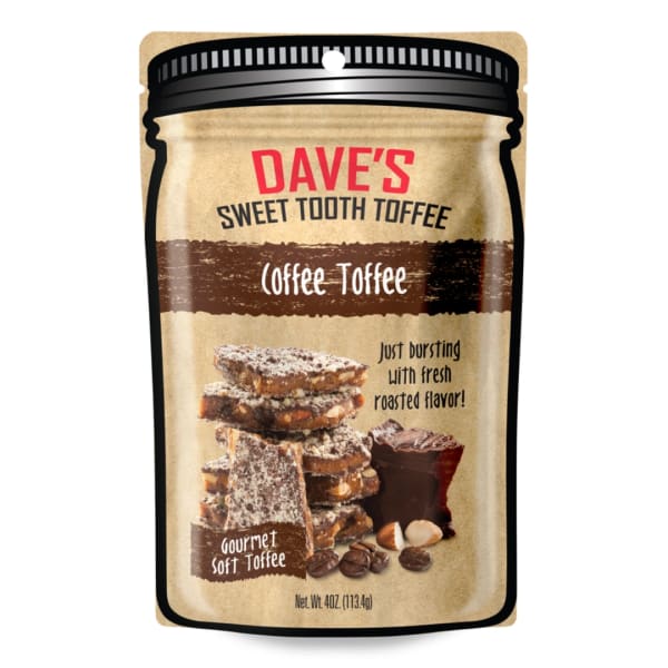 Bag of coffee toffee candy with a jar-style label