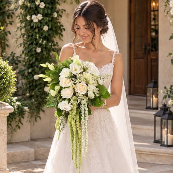 Bride holding a white and green cascading bouquet