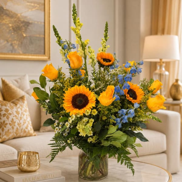 Sunflower and yellow rose bouquet with blue flowers in a glass vase