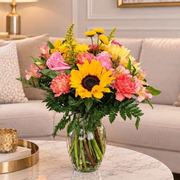 Bright mixed bouquet with sunflowers, pink blooms, and a glass vase