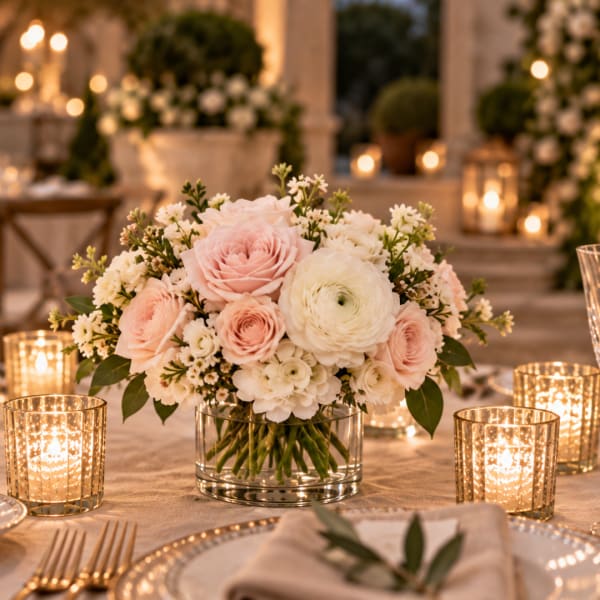 Low centerpiece of blush and white flowers in a glass vase on a candlelit table.