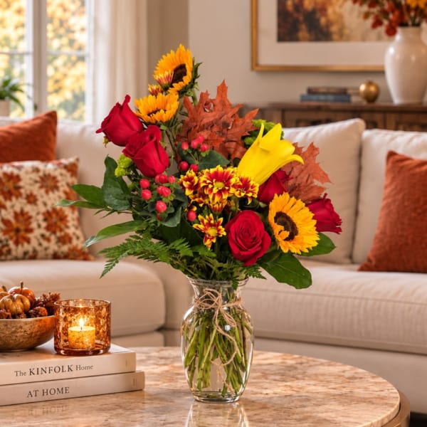 Autumn bouquet of roses, sunflowers, lilies, and mums in a glass vase