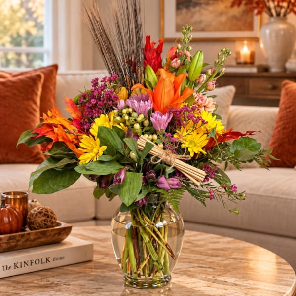 Colorful autumn bouquet in a clear glass vase on a coffee table