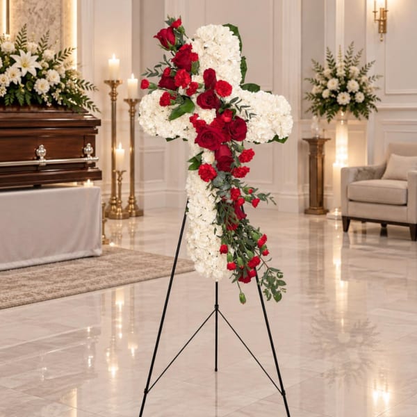 Standing cross-shaped floral tribute with red roses and white flowers