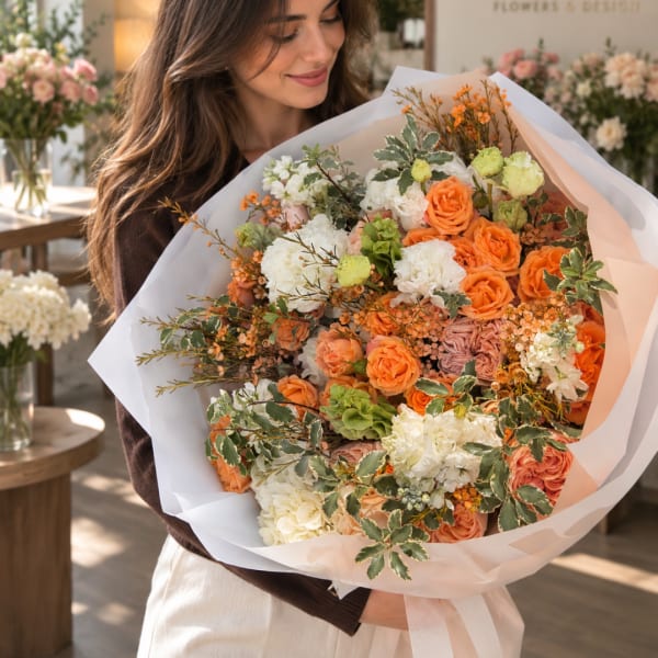 Woman holding a large bouquet of orange and white flowers wrapped in pale paper