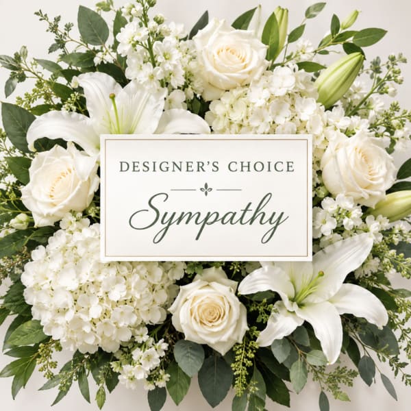 White sympathy arrangement with roses, lilies, and hydrangeas