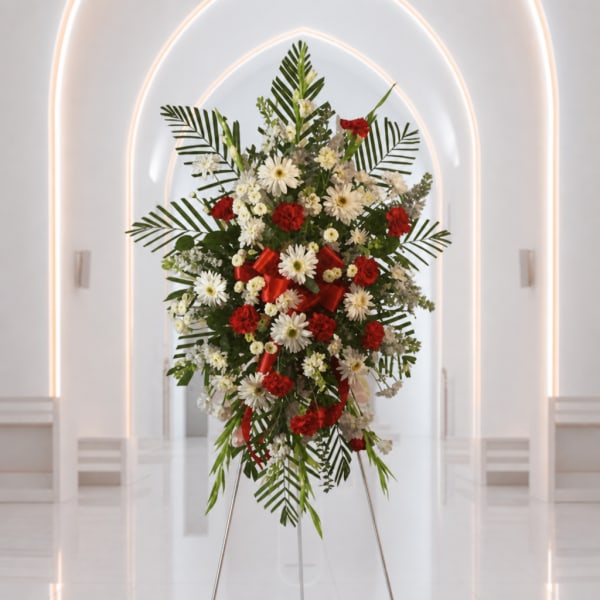 Standing floral spray with red and white flowers on a metal easel