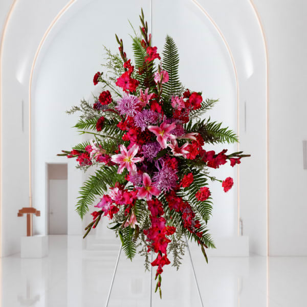 Tall pink and red floral arrangement on a stand in a white interior
