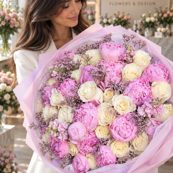 Woman holding a large bouquet of pink and cream flowers wrapped in pastel paper