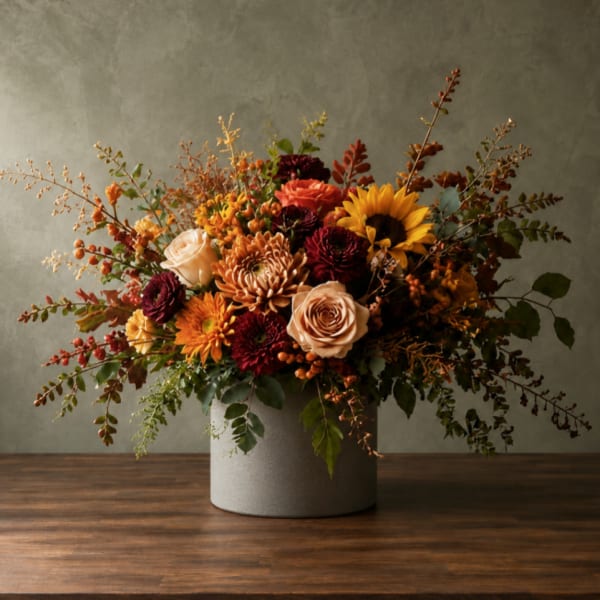 Autumn floral arrangement in a gray vase with roses, mums, and a sunflower