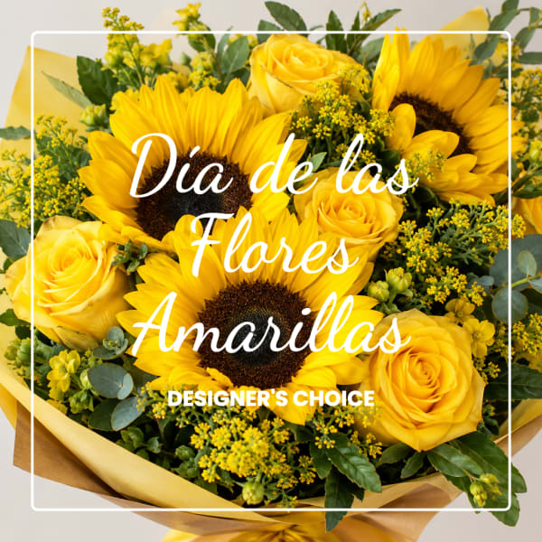 Yellow sunflowers and roses in a wrapped bouquet with overlaid text