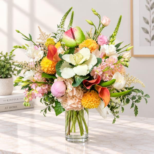 Mixed bouquet in a clear glass vase with pink, white, yellow, and orange blooms