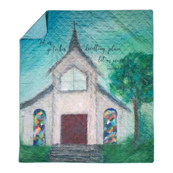 Quilted blanket with a painted church and scripture text
