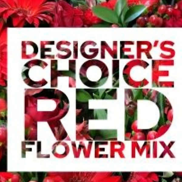 Graphic reading "Designer’s Choice Red Flower Mix" over red flowers