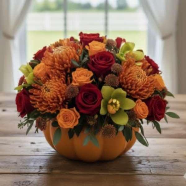 Low pumpkin centerpiece with orange mums, red and orange roses, and green orchids on a wooden table.