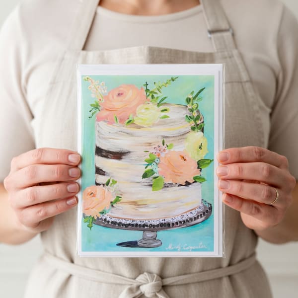 Greeting card with a painted tiered cake and flowers
