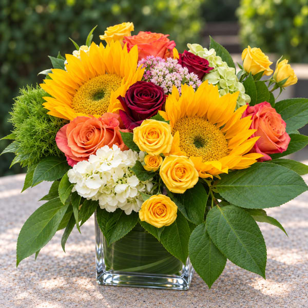 Mixed bouquet with sunflowers, roses, and hydrangeas in a glass vase