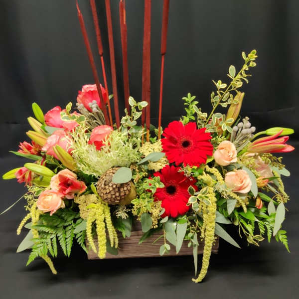Fall Rose box with Cattails, Deluxe